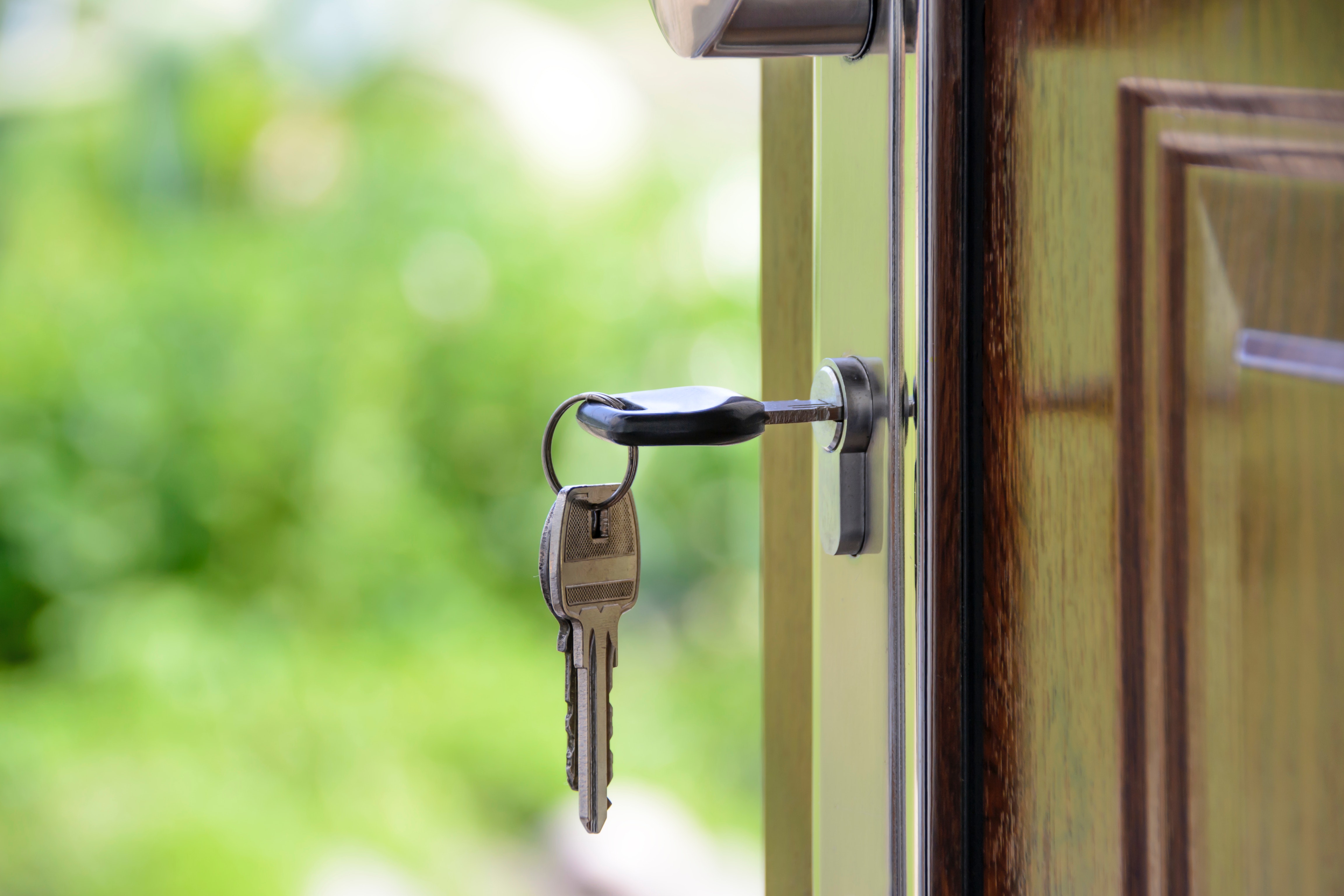 A black handled key in the lock of a wooden door