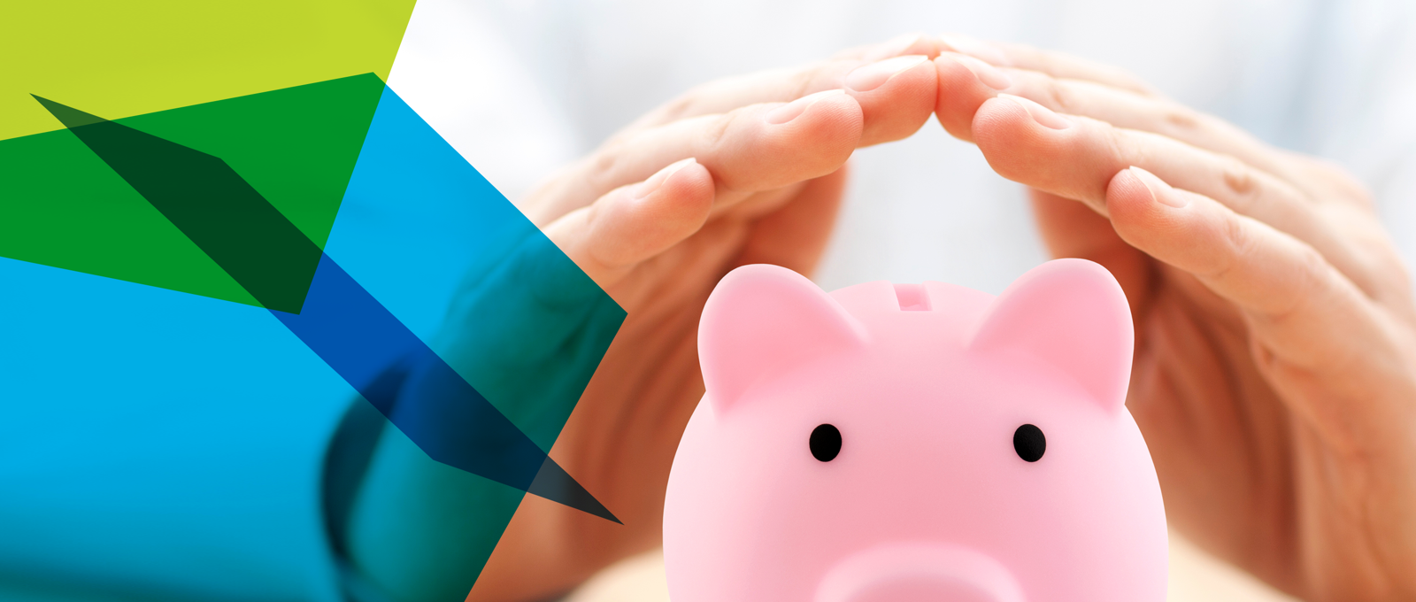 Photograph of a piggy bank with someone's hands arched above it as if they were sheltering it