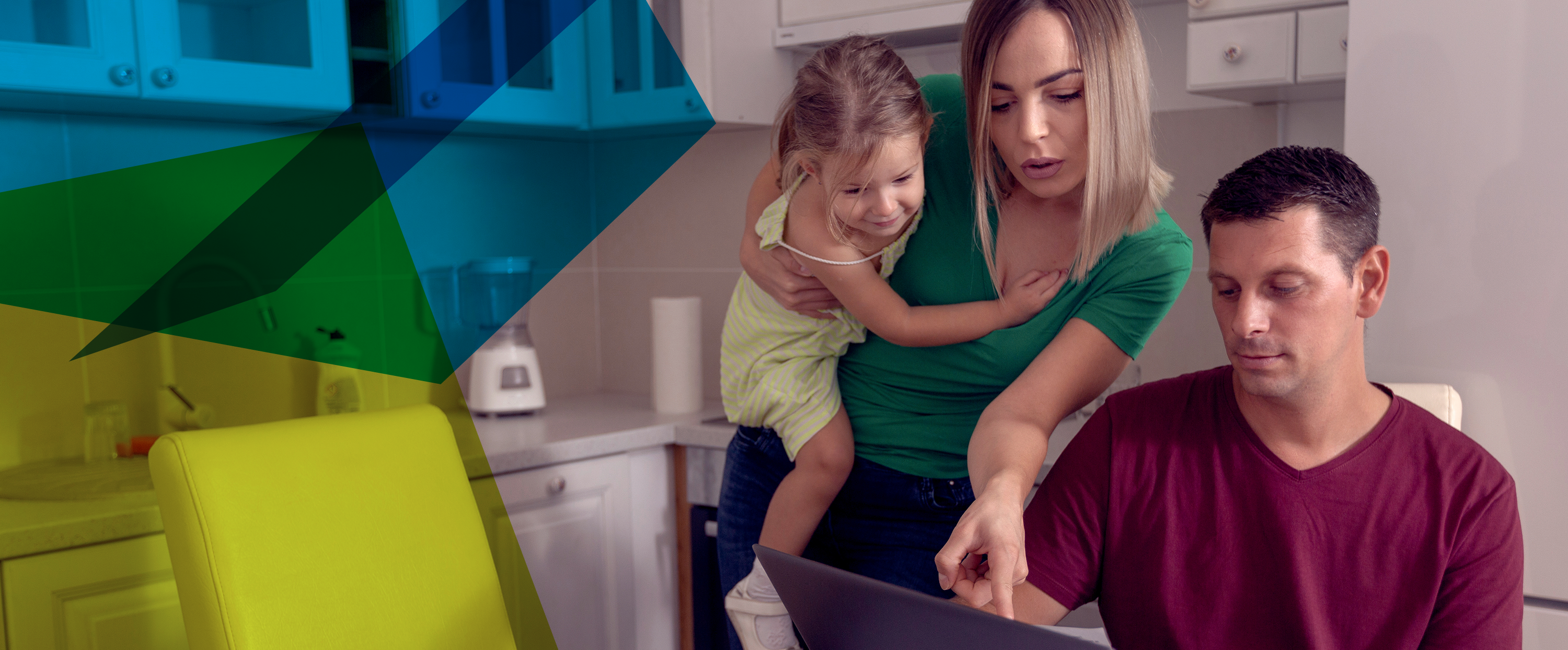 Photograph of a young couple at home - the wife carrying a small child