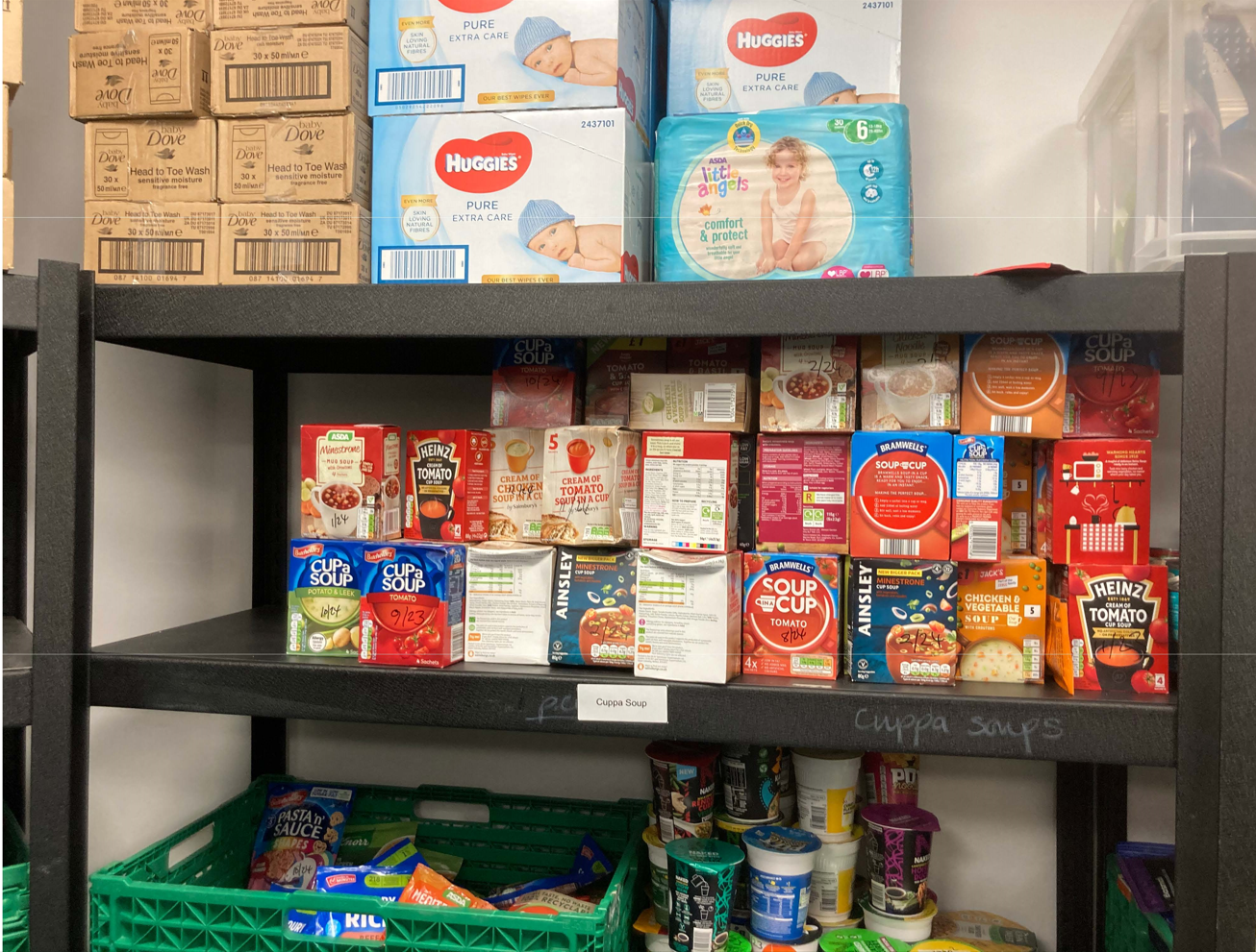 Photo of food items and household products on shelving in a storage area