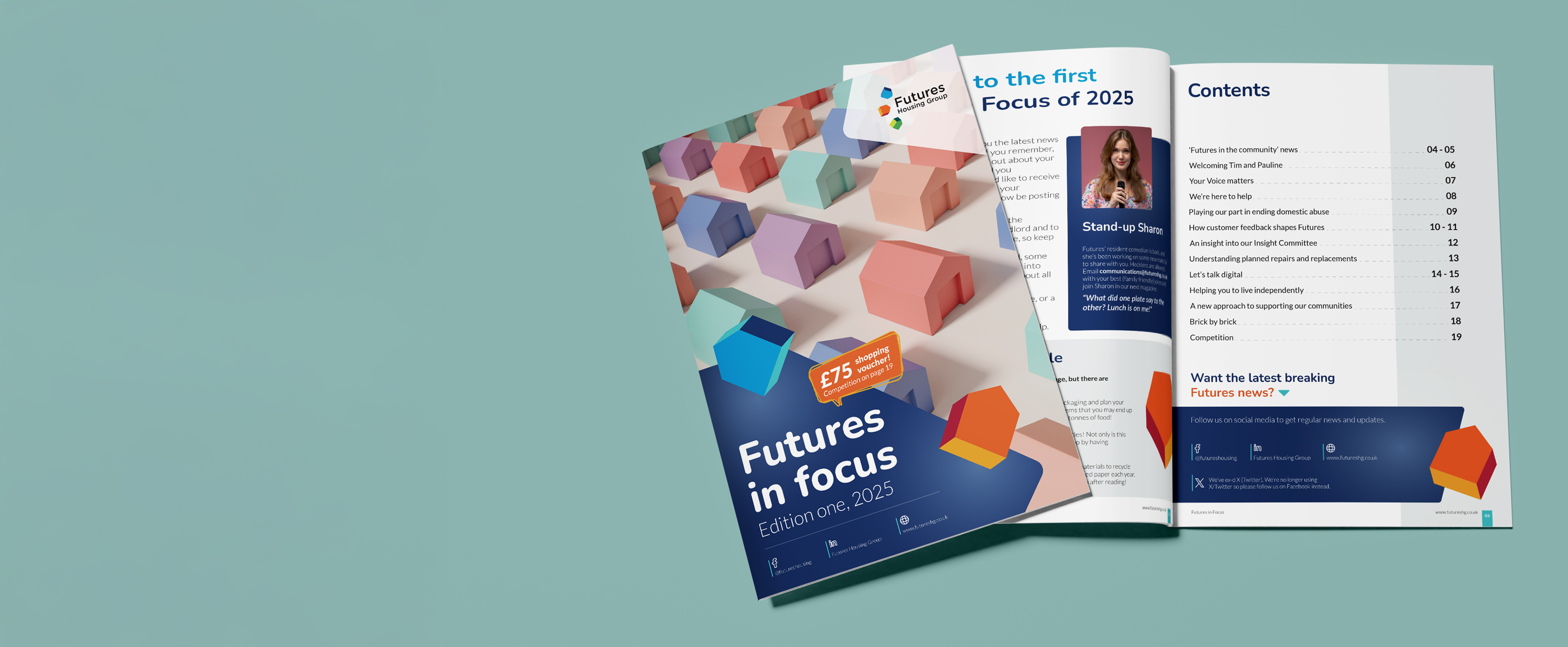 Futures in Focus magazine open, showing introduction and contents page