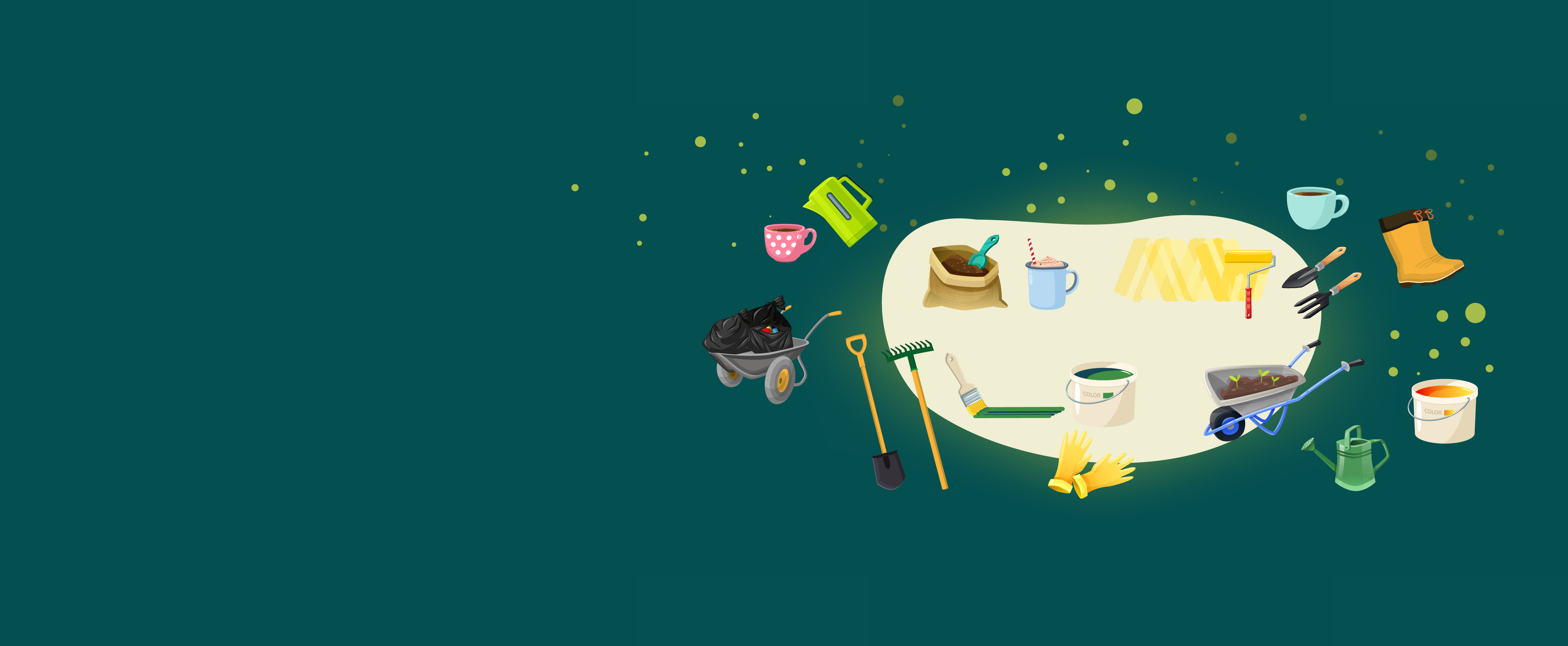 Numerous animated icons, such as wheelbarrow, kettle, wellies and other gardening and DIY activities on a green background