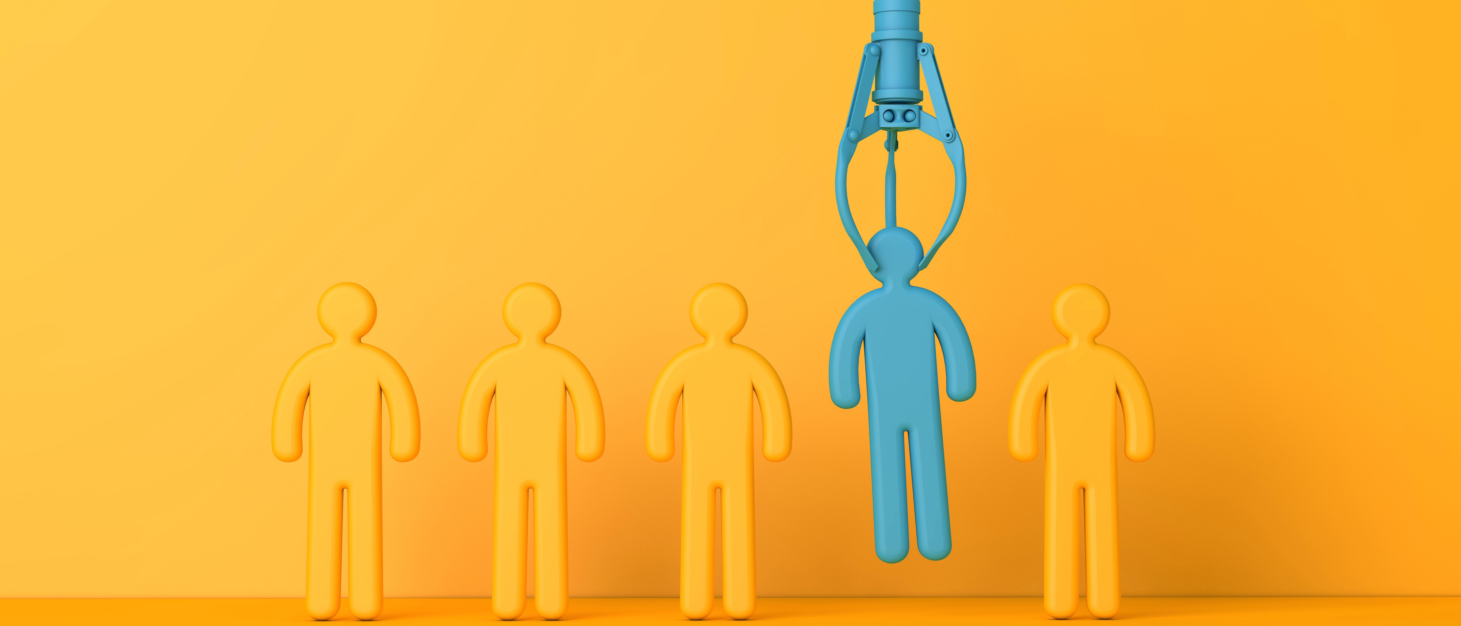A blue grabber lifting up a small blue model of a person by the head surrounded by four identical but yellow models of people